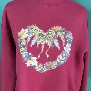 Vintage Cottage Core Burgundy Sweatshirt with Heart Wreath Design XL Autumn